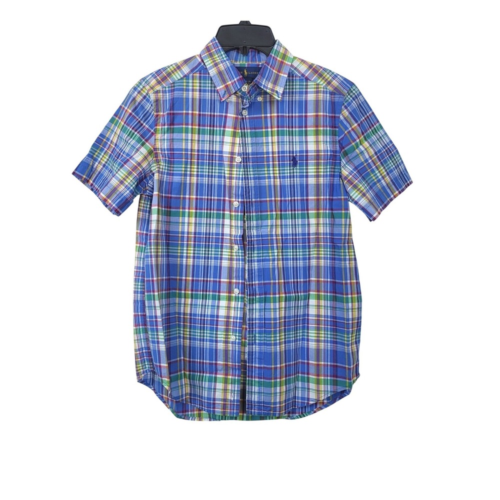 Ralph Lauren Boys Blue Plaid Short Sleeve Preppy Button Down Shirt Large 14/16